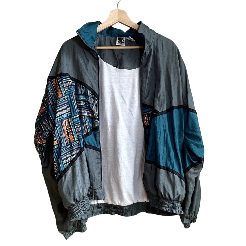 Sears vintage active wear 80s turquoise gray bomber jacket women's size L nylon